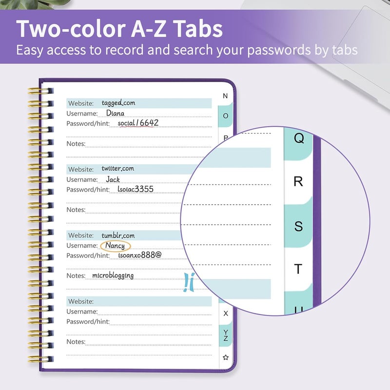 Homlive Spiral Password Book with Individual Alphabetical Tabs, Hardcover Password Keeper Book for Seniors, Password Notebook for Home or Office & Website Address Login-Purple, 5.7" x 7.7" - Image 3